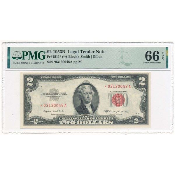 1953B $2 Legal Tender Note Fr#1511 PMG Gem Unc66