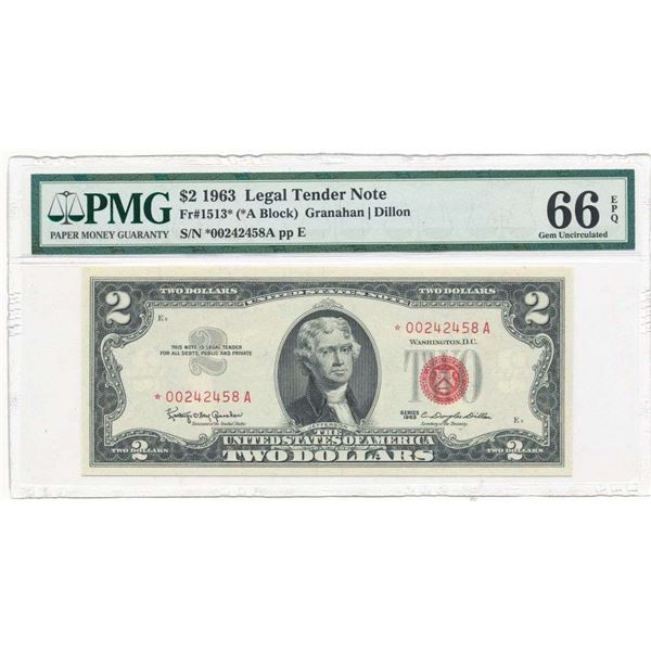 1963 $2 Legal Tender Note Fr#1513* PMG Gem Unc66