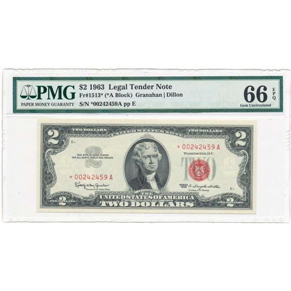 1963 $2 Legal Tender Note Fr#1513* PMG Gem Unc66