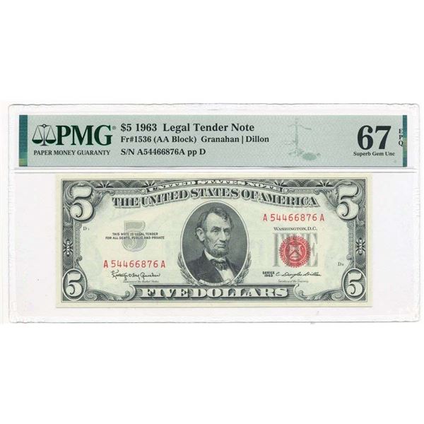 1963 $5 Legal Tender Note Fr#1536 PMG Superb Gem Unc67