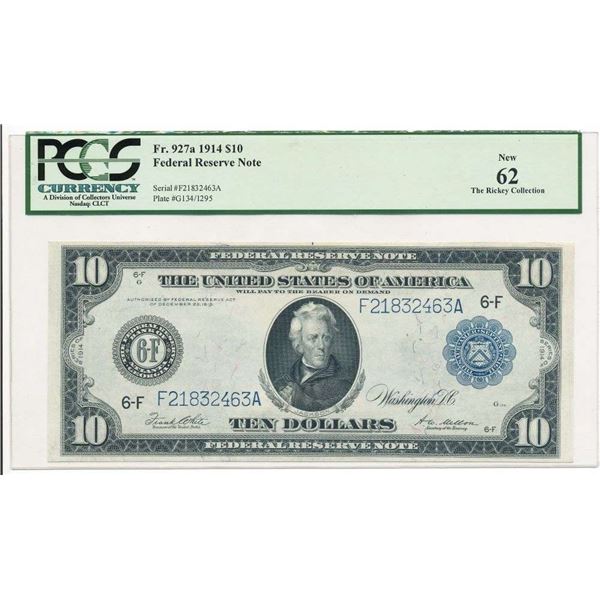 1914 $10 Fr.927a Federal Reserve Note PCGS The Rickey Collection 62