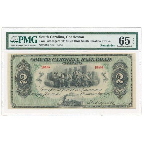 1873 $2 South Carolina Rail Road Co. Fare Ticket PMG Gem Unc65