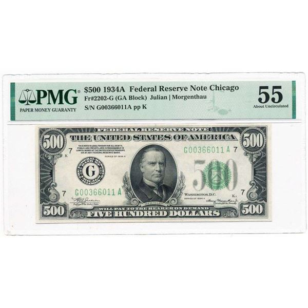 1934A $500 Federal Reserve Note Chicago Fr#2202-G PMG AU55