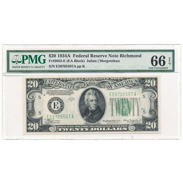 1934A $20 Federal Reserve Note Richmond Fr#2055-E Gem Unc66