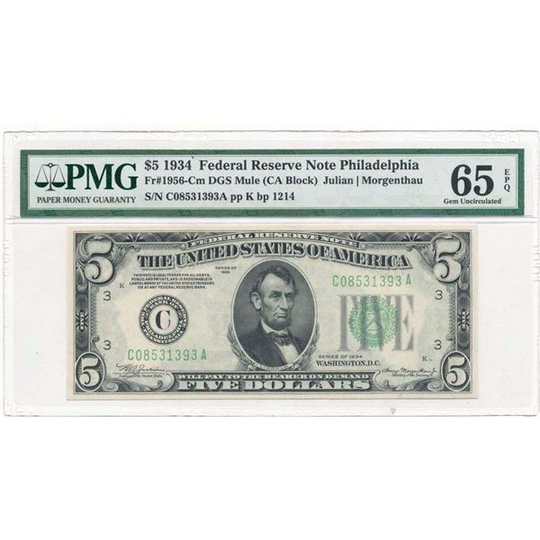 1934 $5 Federal Reserve Note Philadelphia Fr#1956 PMG Gem Unc65
