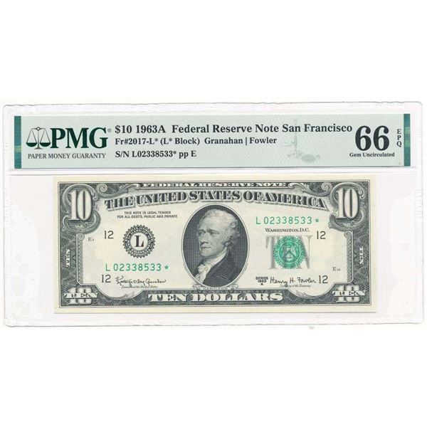 1963A $10 Federal Reserve Note San Francisco Fr#2017-L* PMG Gem Unc66