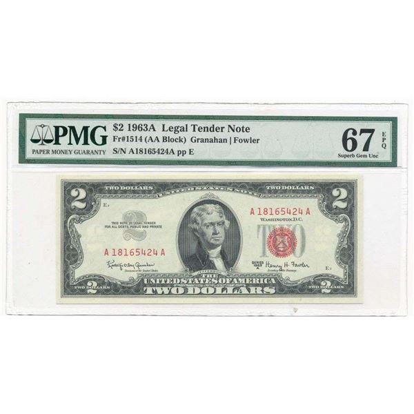 1963A $2 Legal Tender Note  Fr#1514 PMG Superb Gem Unc67