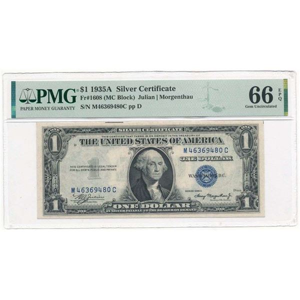 1935A $1 Silver Cirtificate Fr#1608 PMG Gem Unc66
