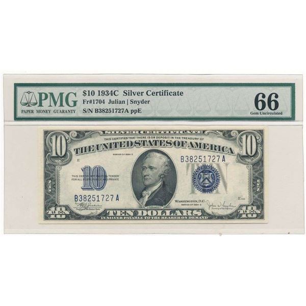 1934C $10 Silver Certificate Fr#1704 PMG Gem Unc66