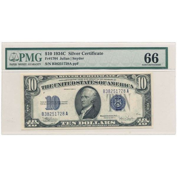 1934C $10 Silver Certificate Fr#1704 PMG Gem Unc66
