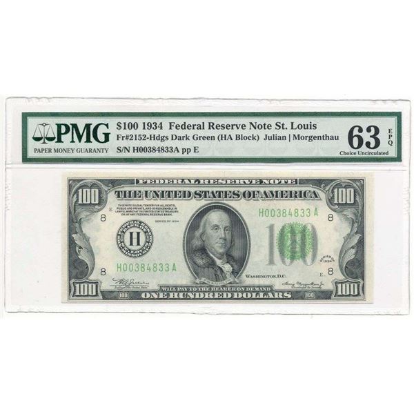 1934 $100 Federal Reserve Note St. Louis Fr#2152 PMG Ch. Unc63
