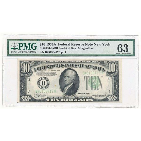 1934A $10 Federal Reserve Note New York Fr#2006-B PMG Ch. Unc63