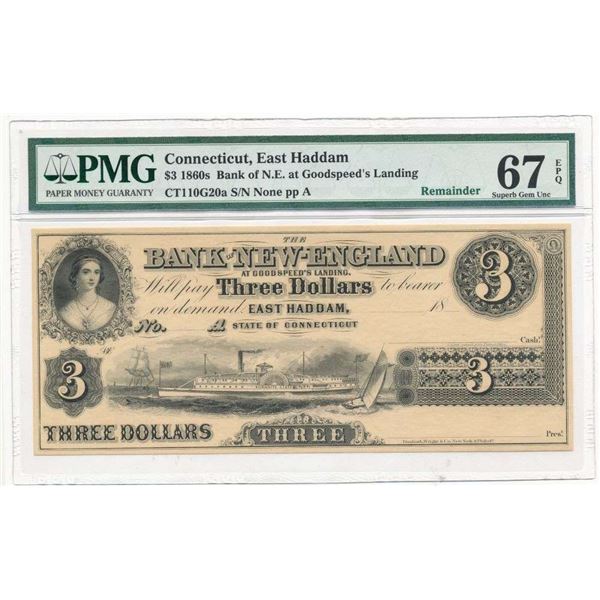 1860s $3 Bank of N.E. at Goodspeeds Landing PMG Superb Gem Unc67