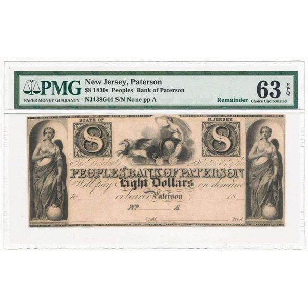 1830s $8 Peoples Bank of Paterson PMG Ch. Unc63