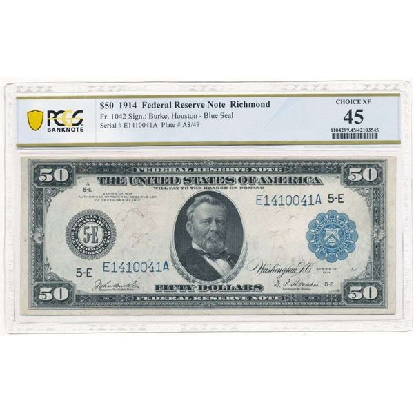1914 Federal Reserve Note Richmond Fr.1042 PCGS Ch. XF45
