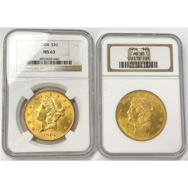 Last Minute! (2-coins) 1904 Gold Liberty Head $20 NGC MS63