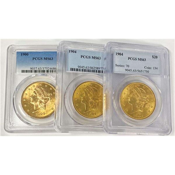 Last Minute! (3-coins) 1900-1904 Gold Liberty Head $20 PCGS MS63