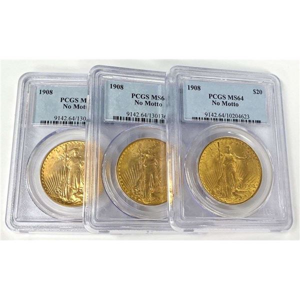 Last Minute! (3-coins) 1908 Gold Saint Gaudens $20 PCGS MS64