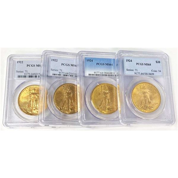 Last Minute! (4-coins) 1922-1924 Gold Saint Gaudens $20 PCGS MS64