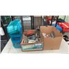 Image 1 : CRATE AND BOX OF GRINDING WHEELS, PARTS BINS, CONNECTORS AND MORE