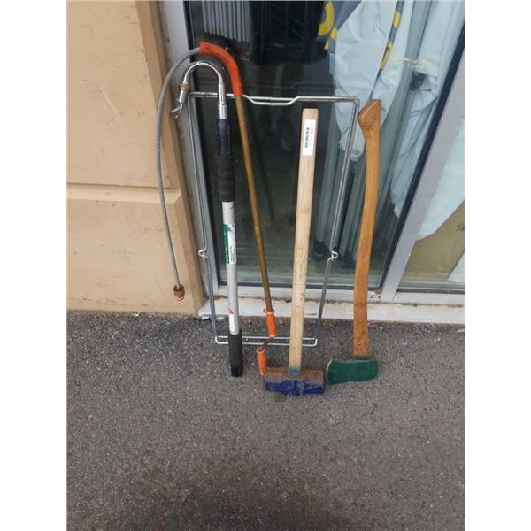 SLEDGE HAMMER, AXE, BAG HOLDER, GUTTER CLEANER AND PIPE SNAKE