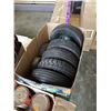 Image 3 : 3 BOXES OF VARIOUS HOSES, DOLLY WHEELS AND SHOP FLUIDS