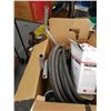 Image 2 : 2 BOXES OF GARDEN HOSE, TOOL HANDLES, CABLE, DESTRUCTION BITS AND MORE