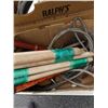 Image 8 : 2 BOXES OF GARDEN HOSE, TOOL HANDLES, CABLE, DESTRUCTION BITS AND MORE