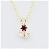 Image 1 : 10KT. YELLOW GOLD 3MM NATURAL ENHANCED RUBY (0.15CTS) & CZ FLORAL PENDANT WITH STERLING SILVER CHAIN