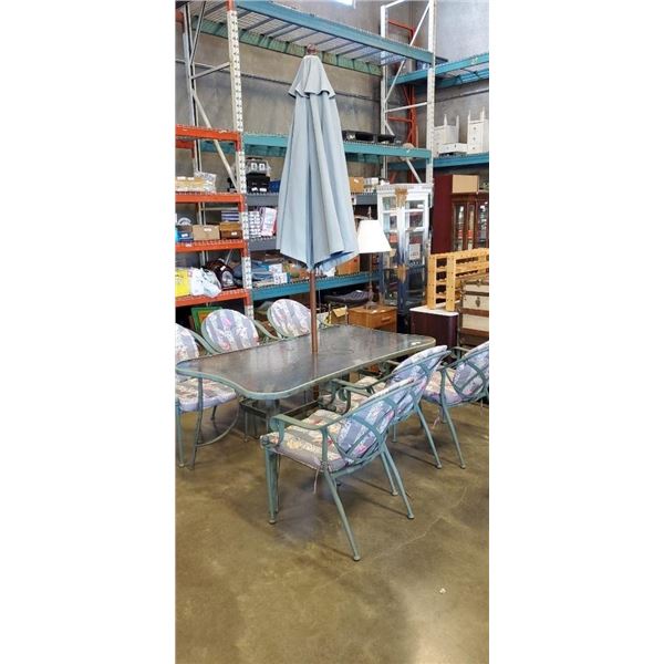 RECTAGULAR PATIO TABLE 66" X 39" WITH 6 CHAIRS AND PATIO UMBRELLA WITH WEIGHTED STAND