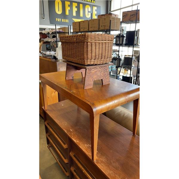 VINTAGE WATERFALL SIDE TABLE WITH WICKER CHEST AND SMALL WOOD STOOL