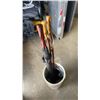 Image 8 : HAND PAINTED UMBRELLA STAND WITH UMBRELLAS, CANES AND SMALL CHAIR