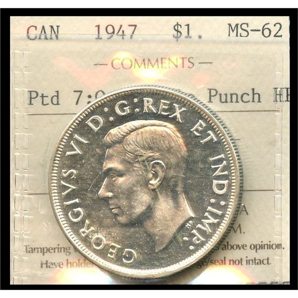 1947 Pointed King George VI Canadian Silver Dollar ICCS-MS-62