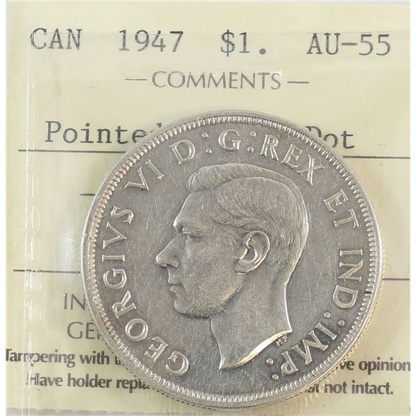 1947 Pointed Dot King George VI Canadian Silver Dollar ICCS-AU-55