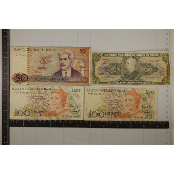 4 BANK OF BRAZIL BILLS: 1962-FIVE CRUZEIROS, 1986-