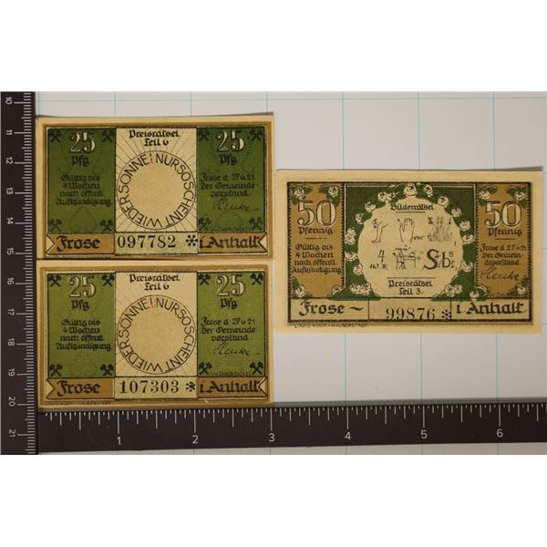 3 CRISP UNC 1921 GERMAN FROSE NOTGELDS 2-25