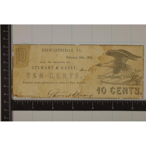 1862 STEWARTSVILLE VIRGINIA 10 CENT OBSOLETE BANK