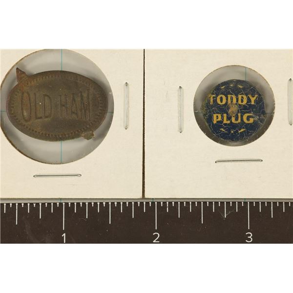 2 VINTAGE METAL TOBACCO TAGS: OLD HAM & TODDY