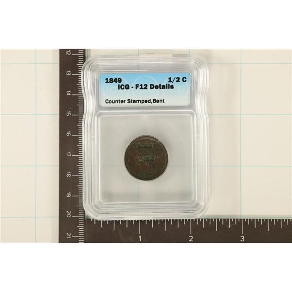 1849 US HALF CENT ICG F12 DETAILS COUNTER STAMPED