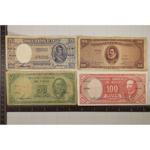 4-BANK OF CHILE BILLS 1947-5 PESO, 1947-20 PESO,