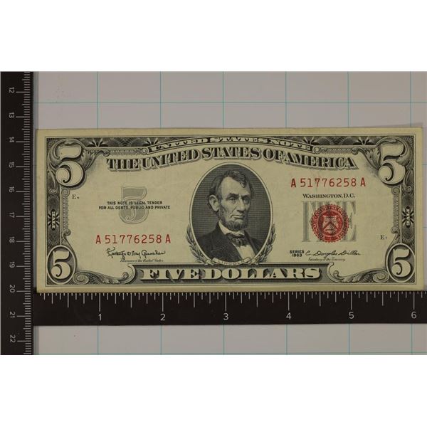 1963 US $5 RED SEAL NOTE CRISP