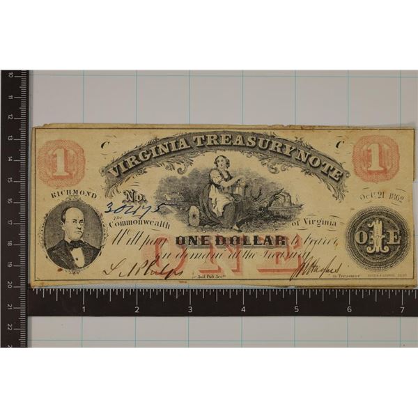 1862 VIRGINIA $1 TREASURY OBSOLETE BANK NOTE