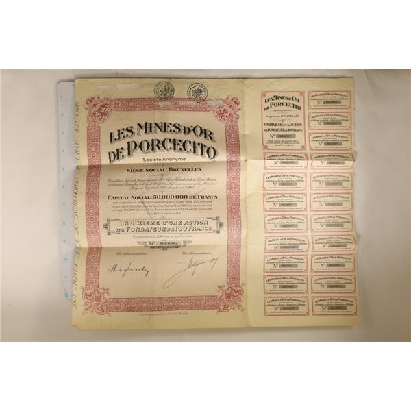 1928 FRANCE VINTAGE STOCK CERTIFICATE PORCECITO