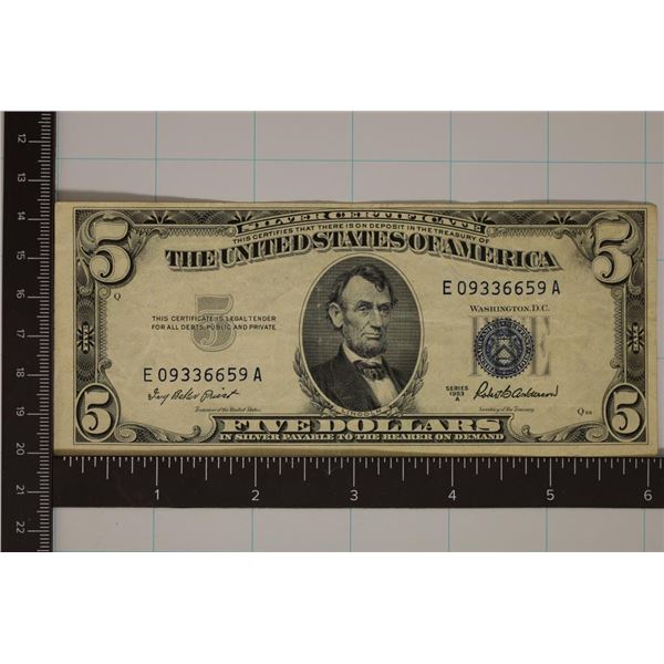 1953-A US $5 SILVER CERTIFICATE BLUE SEAL CRISP