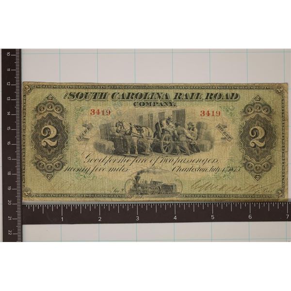 1873 SOUTH CAROLINA RAILROAD $2 FAIR TICKET