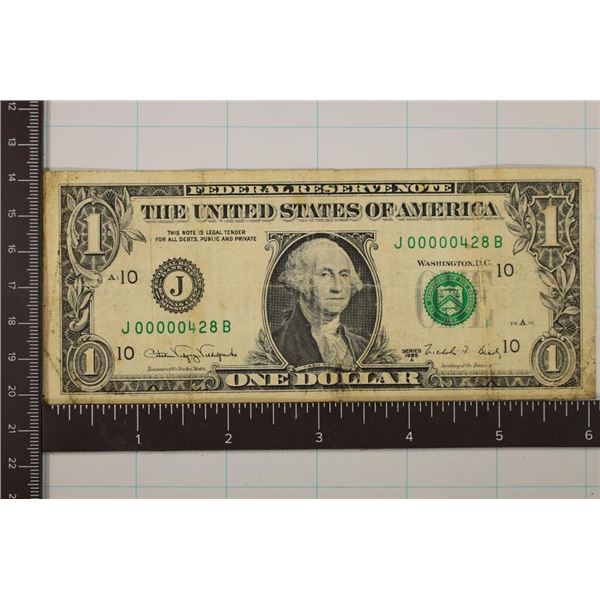 LOW SERIAL NUMBER 1988-A $1 US FRN J00000428B