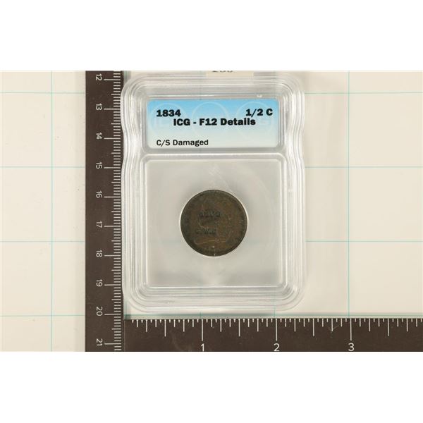 1834 US HALF CENT ICG F12 DETAILS COUNTER STAMPED