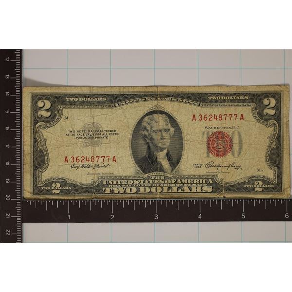 1953 US $2 RED SEAL NOTE SMALL TEAR BOTTOM RIGHT