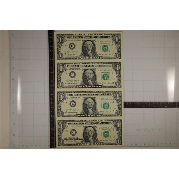 UNCUT SHEET OF 4-1995 US $1 FRN'S CRISP UNC BOTTOM