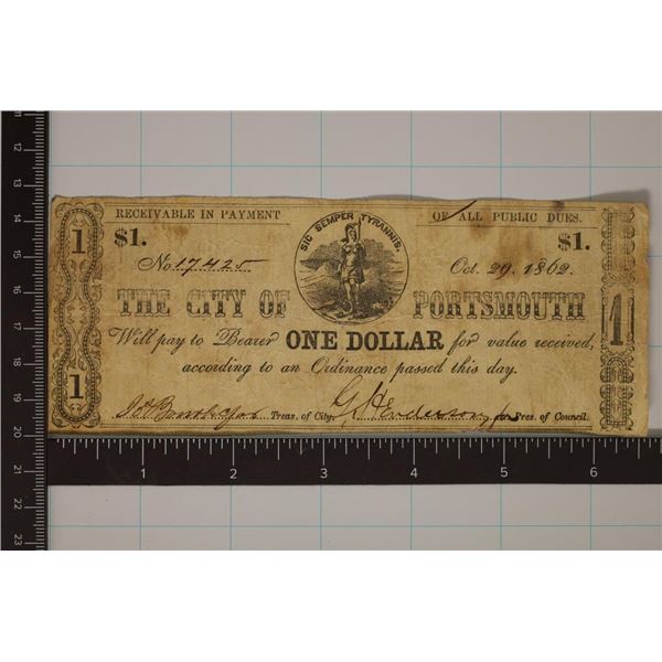 1862 CITY OF PORTSMOUTH $1 OBSOLETE BANK NOTE